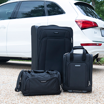 SAMSONITE<sup>&reg;</sup> Dymond Dream Luggage Set - This all inclusive luggage set is made of high density 100% polyester fabric and will take you where you need to go. The Spinner features retractable handles while the Tote and Underseater feature double carry handles. All have exterior zipper pockets. The Large spinner measures 28.75"H x 18.06"W x 11.13"D, Tote 10"H x 17"W x 9"D, and Underseater 16"H x 12.75"W x 7"D.